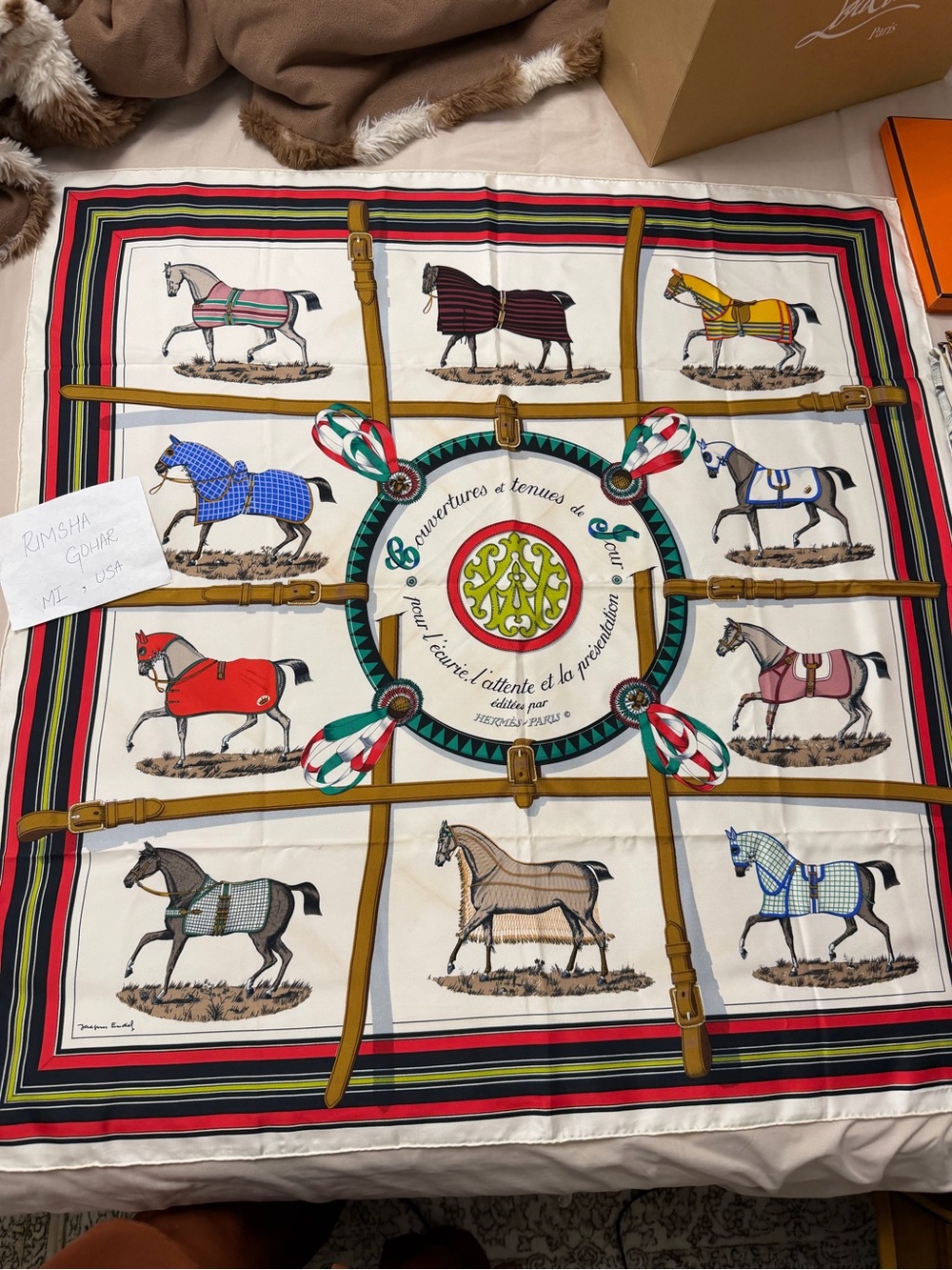 Hermes Multi-Color Equestrian Horse Print Silk Scarf with Gold Tack Straps
